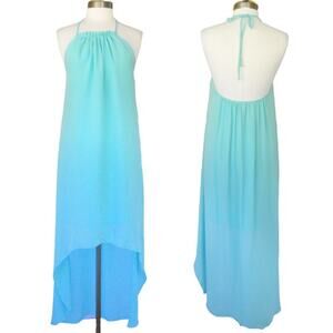 Ramy Brook High Low Halter Maxi Midi Dress Aqua Blue Backless Beachy Boho Resort